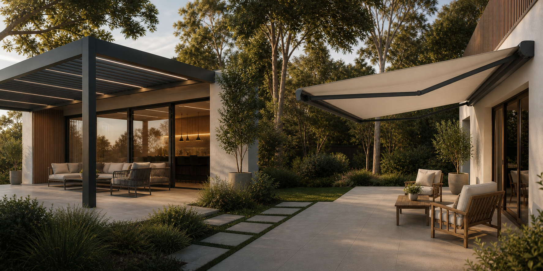 Contemporary outdoor living area with a louvre pergola and a folding arm awning